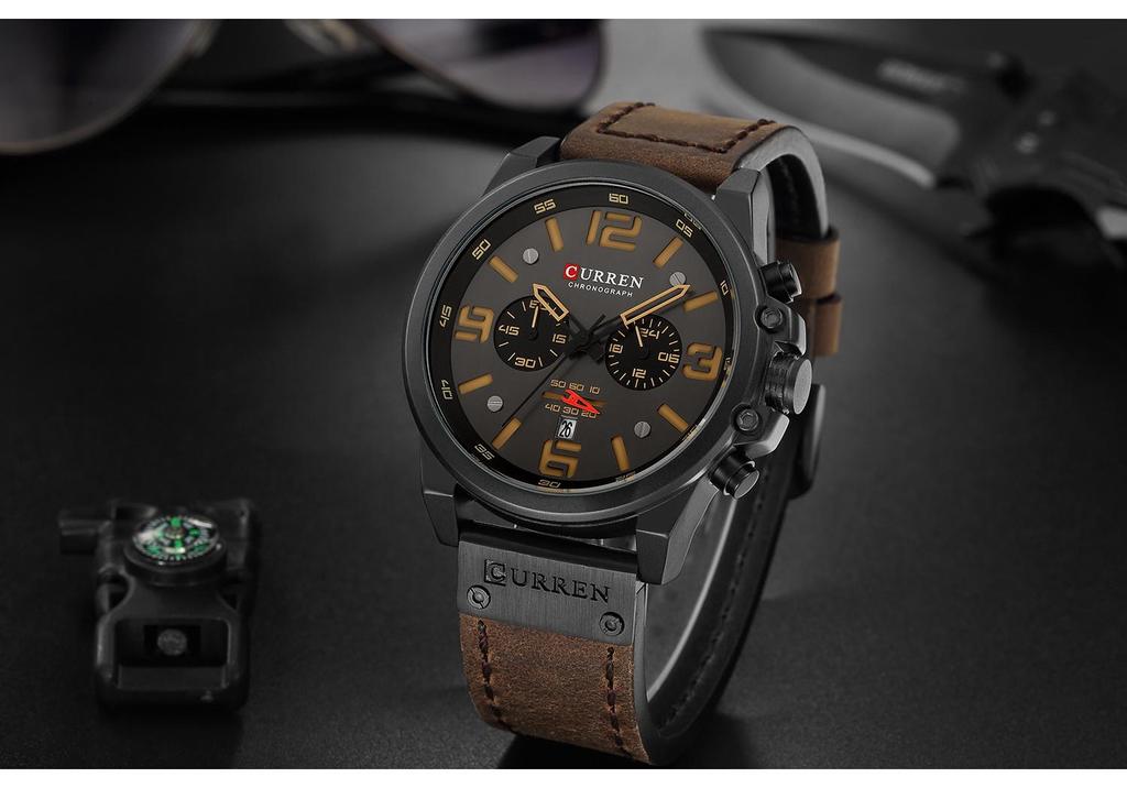 Curren 8314 Men's Multifunction Sports Watch with Six-Hand Calendar, Large Dial, and Leather Strap