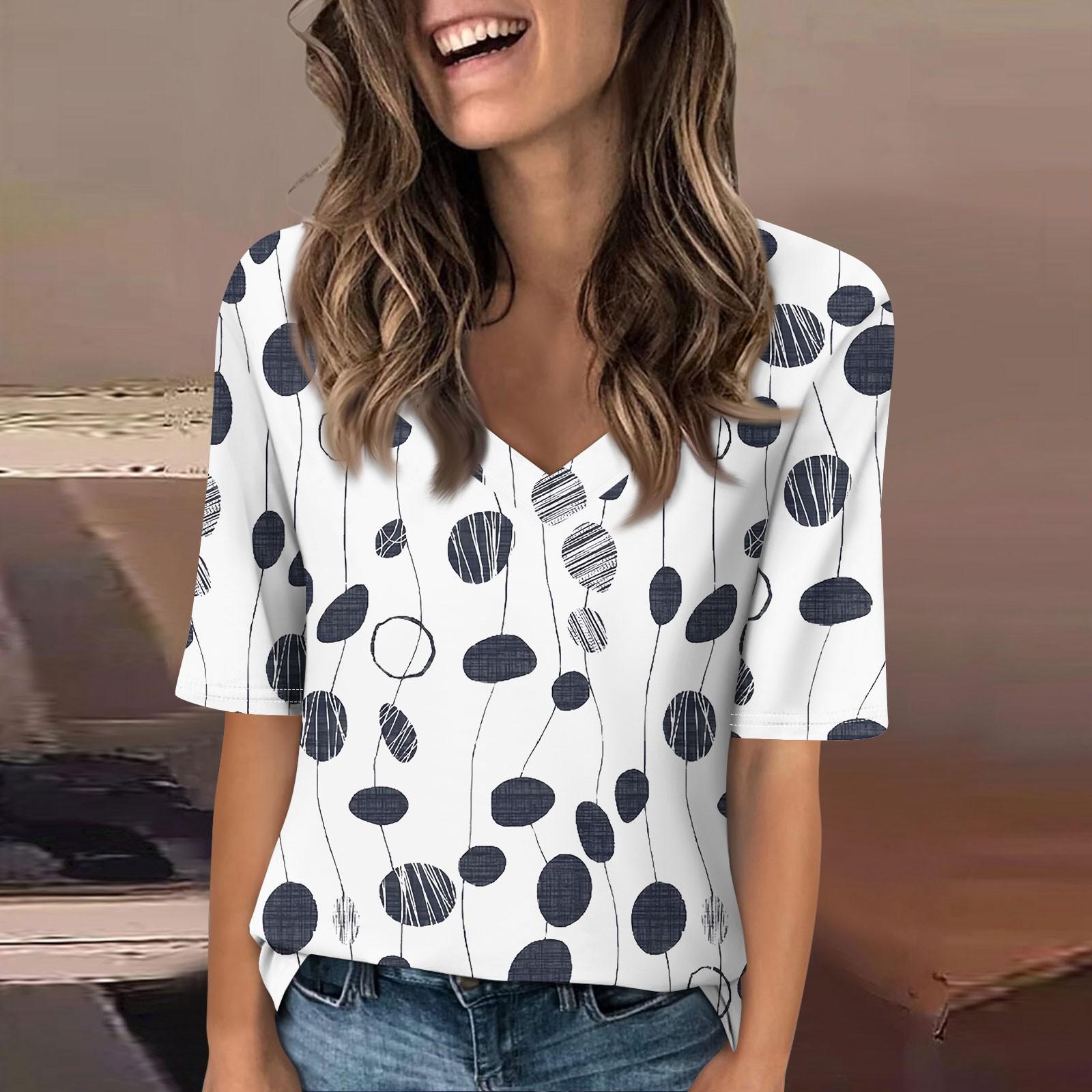 

Сорочки для жінок. Модні футболки з V-подібним вирізом. Повсякденні літні футболки з принтом. Футболка. Блузка. Топи з напіврукавом для жінок. M Темно-синій