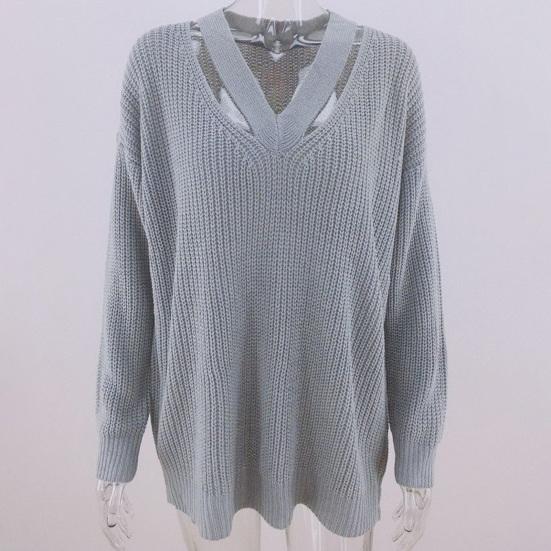 Dámský svetr s výřezy volný ležérní jednobarevný s výstřihem do V podzimní svetr pro každodenní nošení