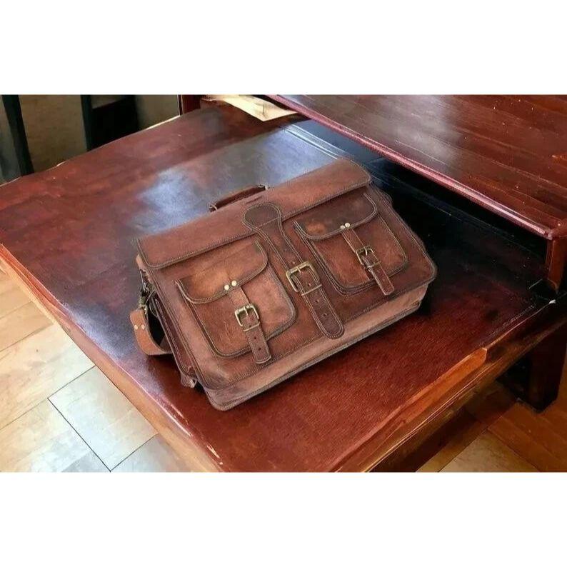Handgefertigte Herren-Umhängetasche aus echtem Leder im Vintage-Stil für Laptops und Messenger-Aktentaschen