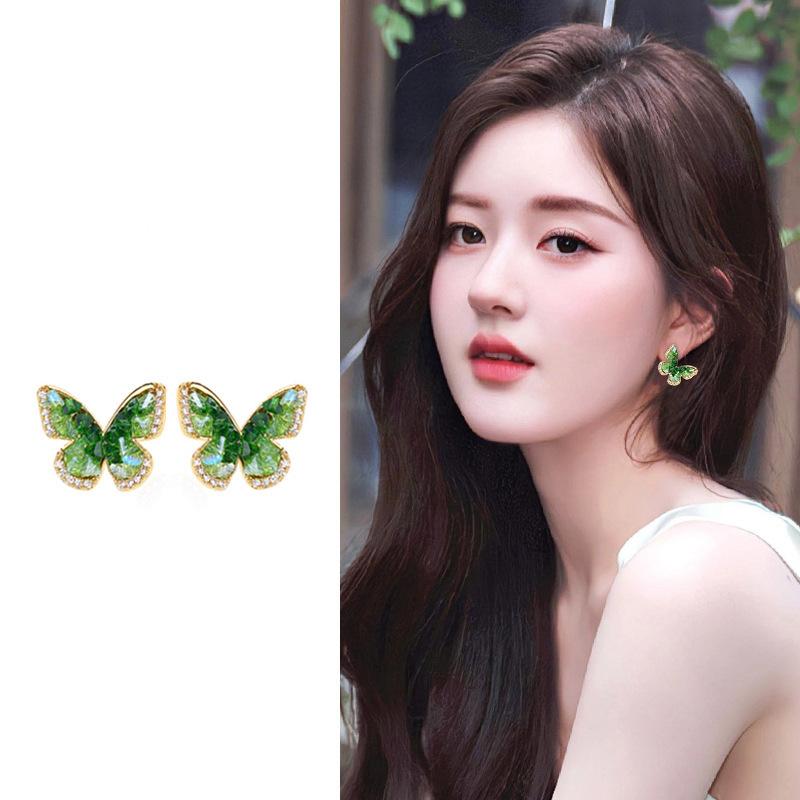 Green crystal flower butterfly earrings summer small fresh and sweet stud earrings 2025 explosion high-end earrings women