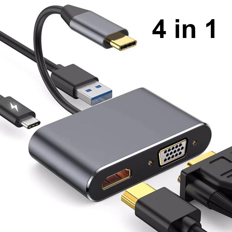 

USB C Hub 4 in 1 / 5 in 1 Type C 3.0 Adapter to 4K Compatible-HDMI VGA USB 3.0 PD Fast Charge Splitter Extend Adapter for Laptop