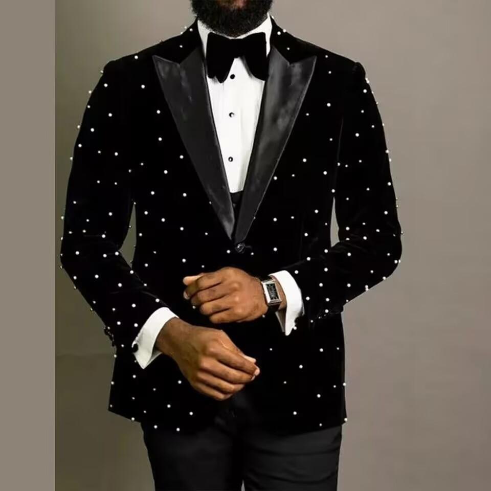 Men's Suits 2 Pieces Velvet Blazer Black Pants Single Breasted Satin Peaked Lapel Pearls Wedding Formal