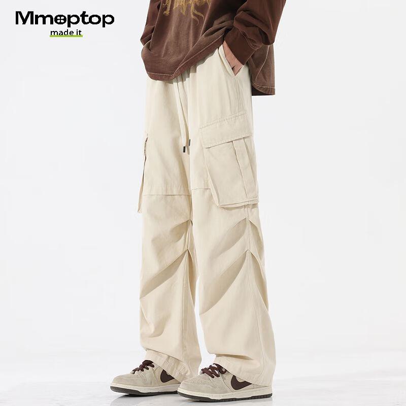 MMOPTOP Cotton Casual Pants for Men, Spring And Summer American Retro High Street Paratrooper Cargo Pants 8381 Off-White L