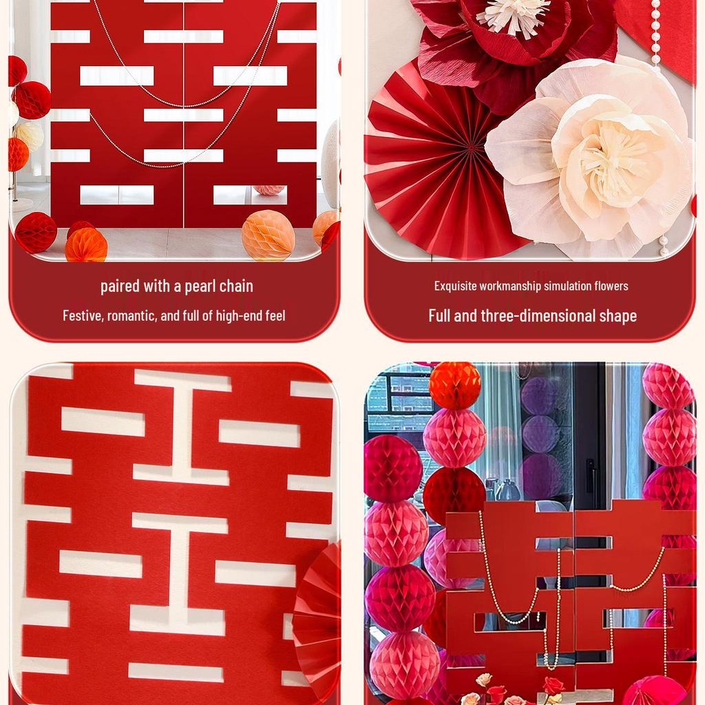 Bridal Room Wedding Decor Set with Double Happiness Backdrop, Tassels & Curtains