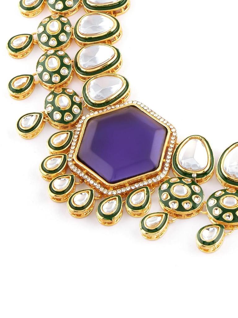 Purple Stone Green Meenakari Austrian Diamonds Necklace & Earring Set For Women