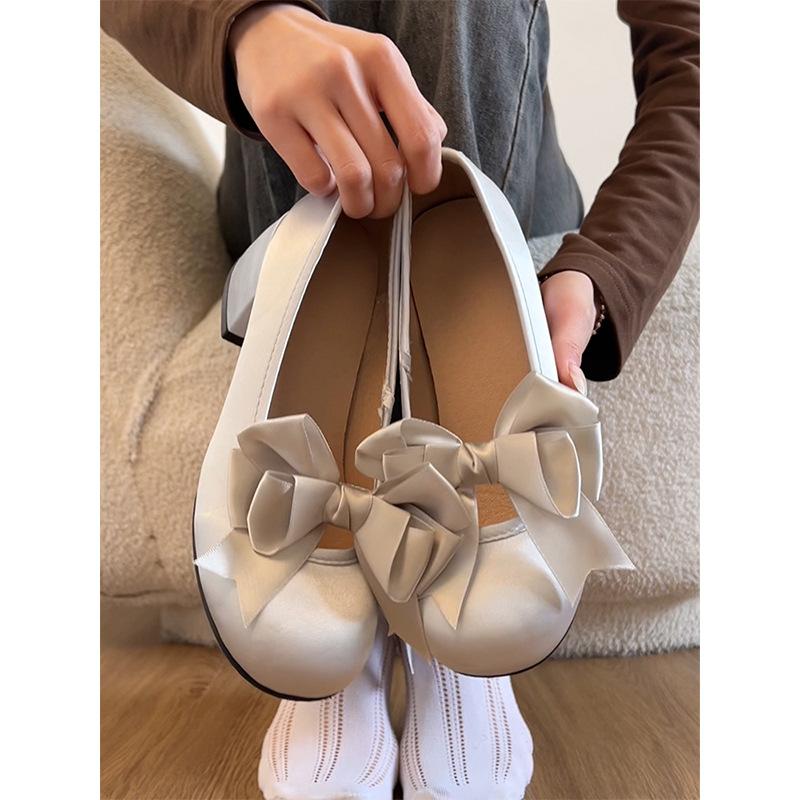 Silver French sweet bow thick sole heightening light mouth single shoes women's spring 2025 skirt Mary Jane shoes