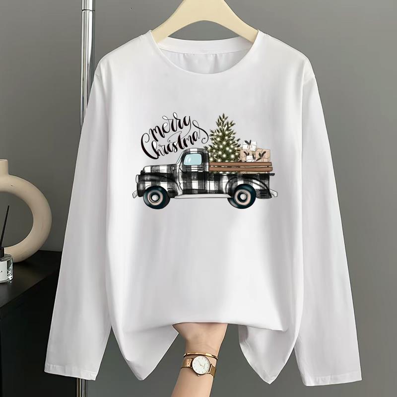 (Asian Size) Lovely Letter Merry Christmas New Year Graphic Tee Women Casual Fashion Top O-neck Clothing Print T Shirt Long Sleeve T-shirts