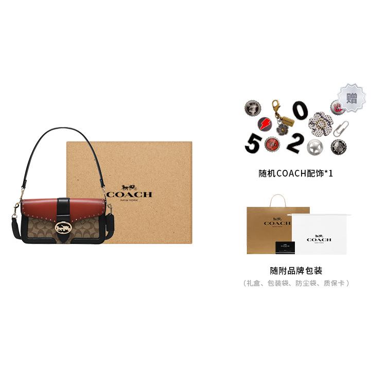 COACH Georgie Cow Leather God Of Wine Bag, Shoulder Bag, Portable Crossbody Bag Large Women's Red & Brown Monogram 5605-IMRL7