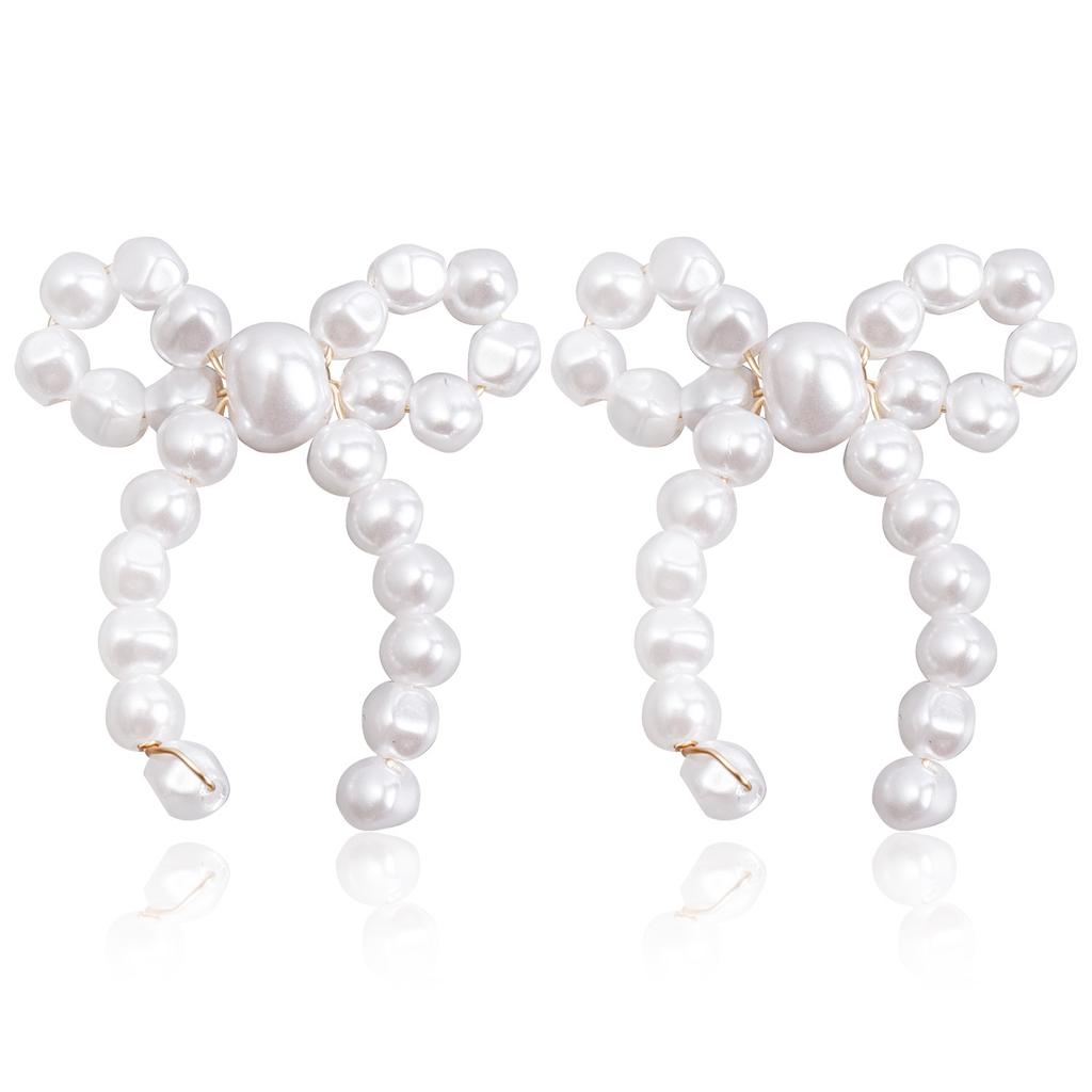 Cross-Border Jewelry, Retro Imitation Pearl Bow Floral Hand-Woven Earrings Internet Celebrities Popular Earrings Women