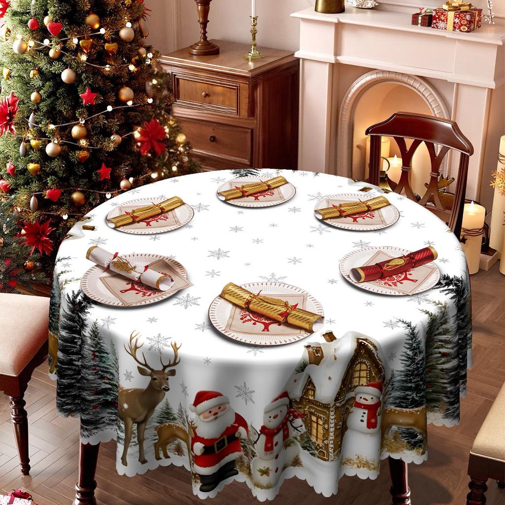 Christmas Round Tablecloth, Waterproof Christmas Table Cloth, Santa Claus, Snowman, Elk Snow Pattern
