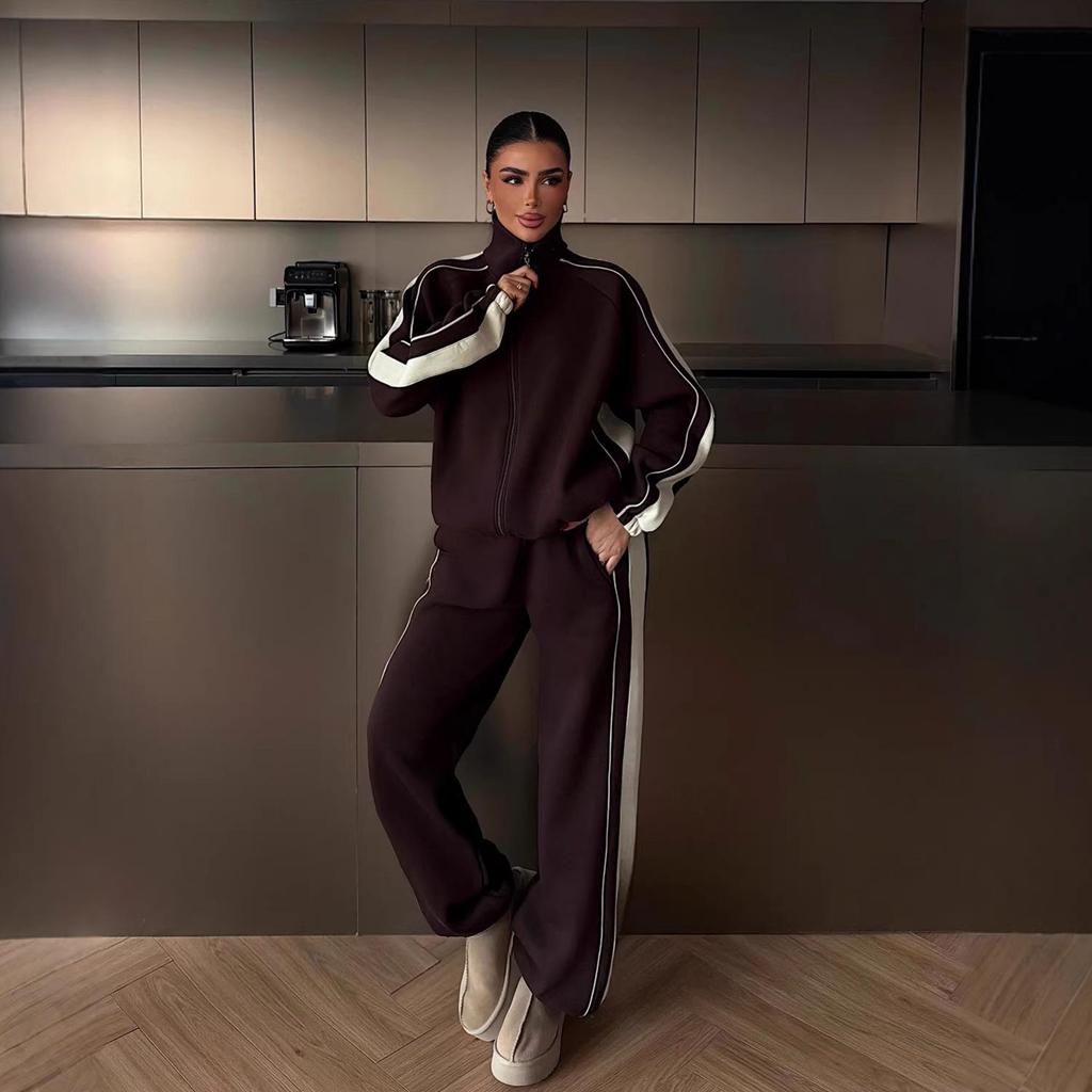 2026 Women's Spring/Autumn Striped Colorblock Zipper Cardigan & Long Pants Two-Piece Set