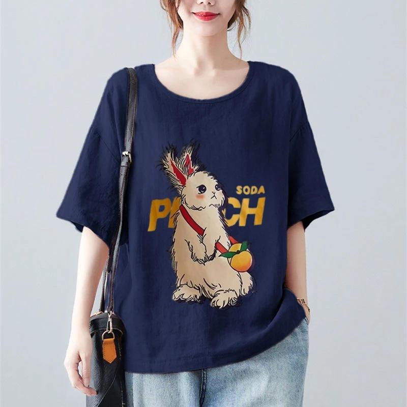 Tops for Women Cotton Summer Large Size T-shirt Round Neck Loose Rabbit Printed Casual Pullover T-shirt Top