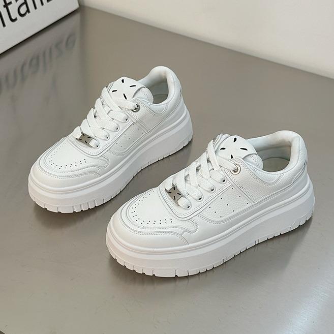 Leather thick-soled breathable little white shoes for women's 2025 spring new models increase height and match, college style sports and leisure shoe