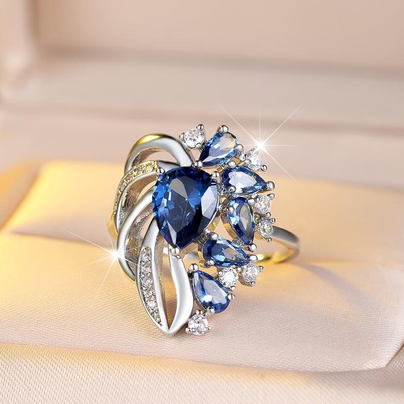 Luxury Blue Crystal Flower Rings for Women Elegant Cubic Zirconia Engagement Jewelry Accessories