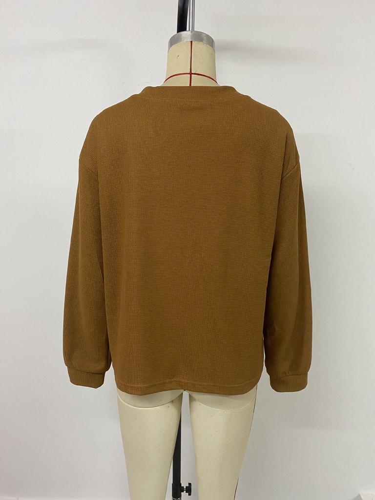 European & American Autumn 2025 Retro V-neck Waffle Long-sleeve Women's Pullover Top