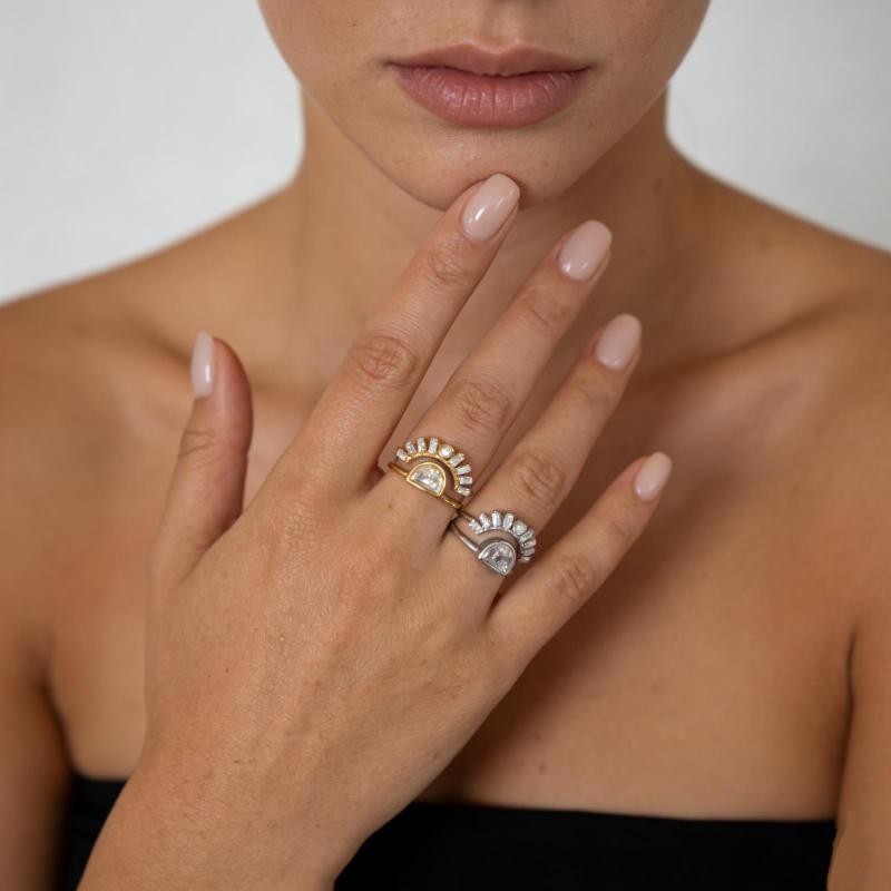 Stainless Steel Rhinestone Jewelry Elegant Sun Layer Shaped Ring Tarnish Free For Women'S Gift Party