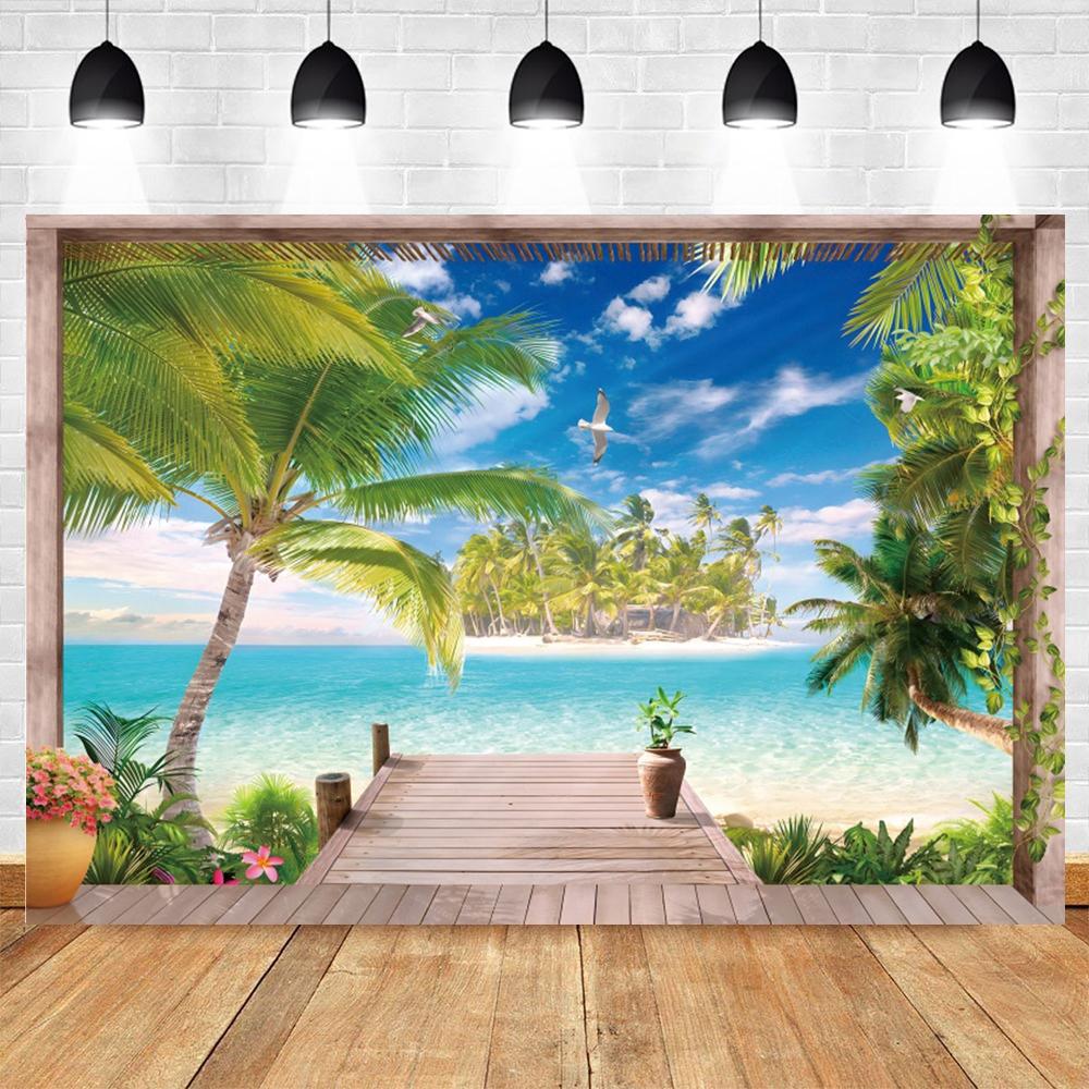 Summer Seaside Tropical Beach Balcony View Backdrop Palm Trees Mountain Wedding Party Portrait Photography Background Photo Prop
