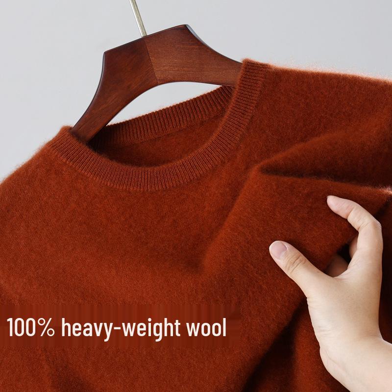 Men's 100% Wool Round Neck Loose Casual Sweater - Thickened Long Sleeve Knitwear