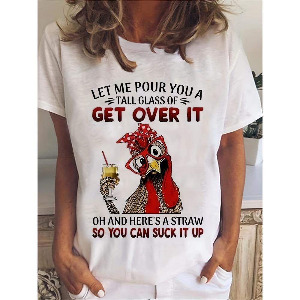Cartoon Chicken Print T-Shirt Casual Short Sleeve Top For Spring & Summer Women s Clothing M