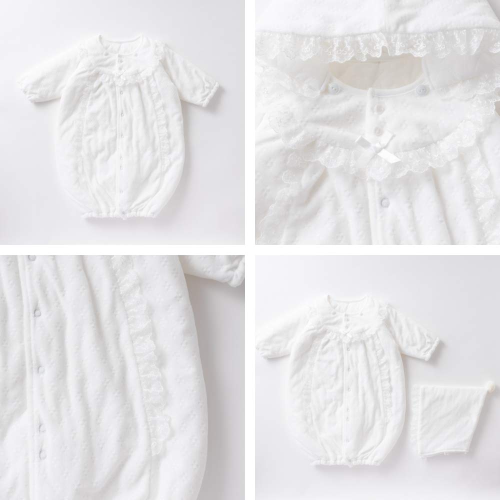 Cream de Coco Velour Jacquard Gauze Quilted Swaddle for Warmth Made in [Crotch Snaps/2-Way Clothes] Baby, Japan, 50-80cm (Off-White)