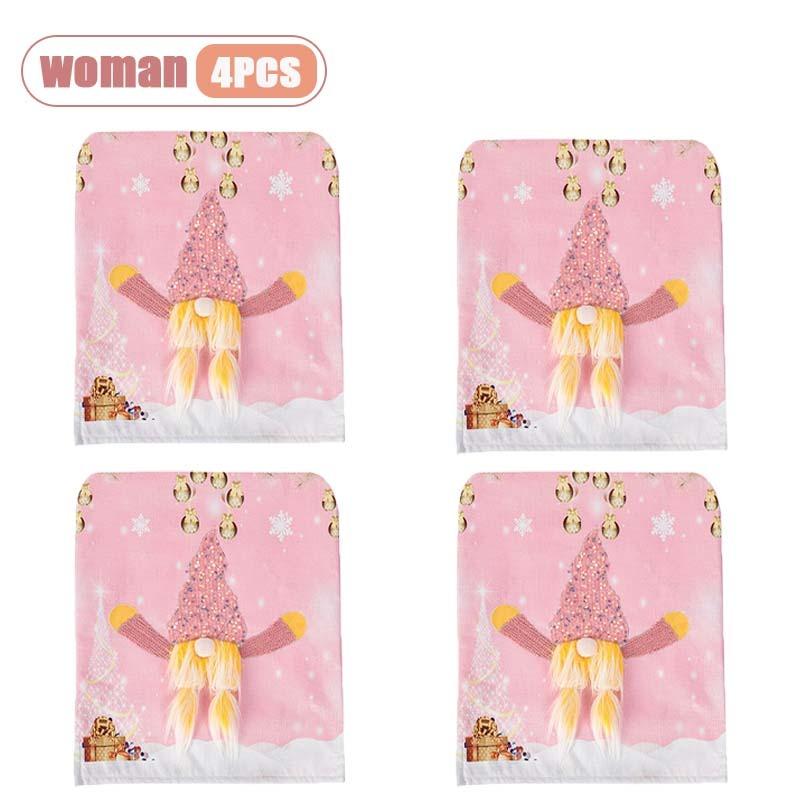 1-4PCS Christmas Gnome Chair Cover with Lights Pink Holiday Seat Slipcover for Dining Table Decor Home Party Gift Accessory