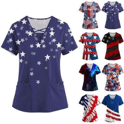 Bedruckte Oberteile für die Arbeitsuniform in Übergröße für Damen, V-Ausschnitt, mit Kreuzmuster, kurzärmligem Fun-T-Shirt, Workwear-T-Shirt mit Taschen
