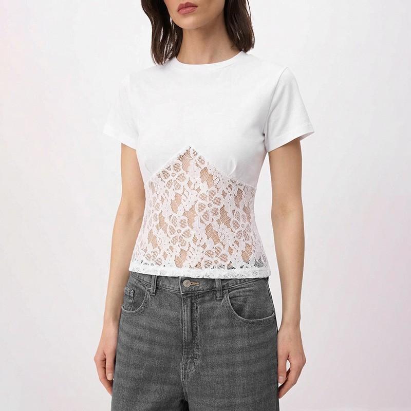 

New European American Style Women s Clothes Short-sleeved Sexy Slim Hollow Short Round Neck Lace Top L білий