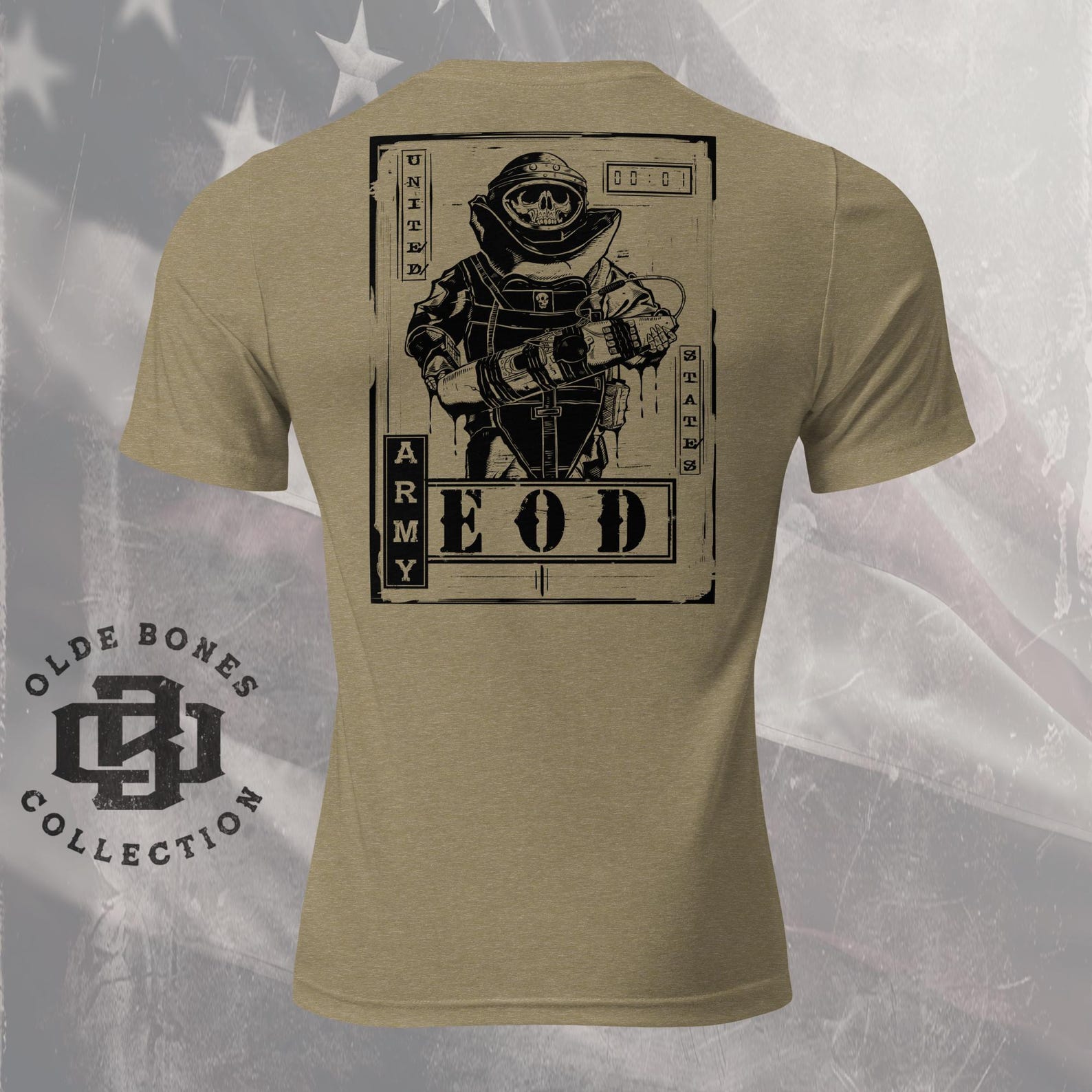 Tri-Blend Olive Army EOD Skull Military T-Shirt S