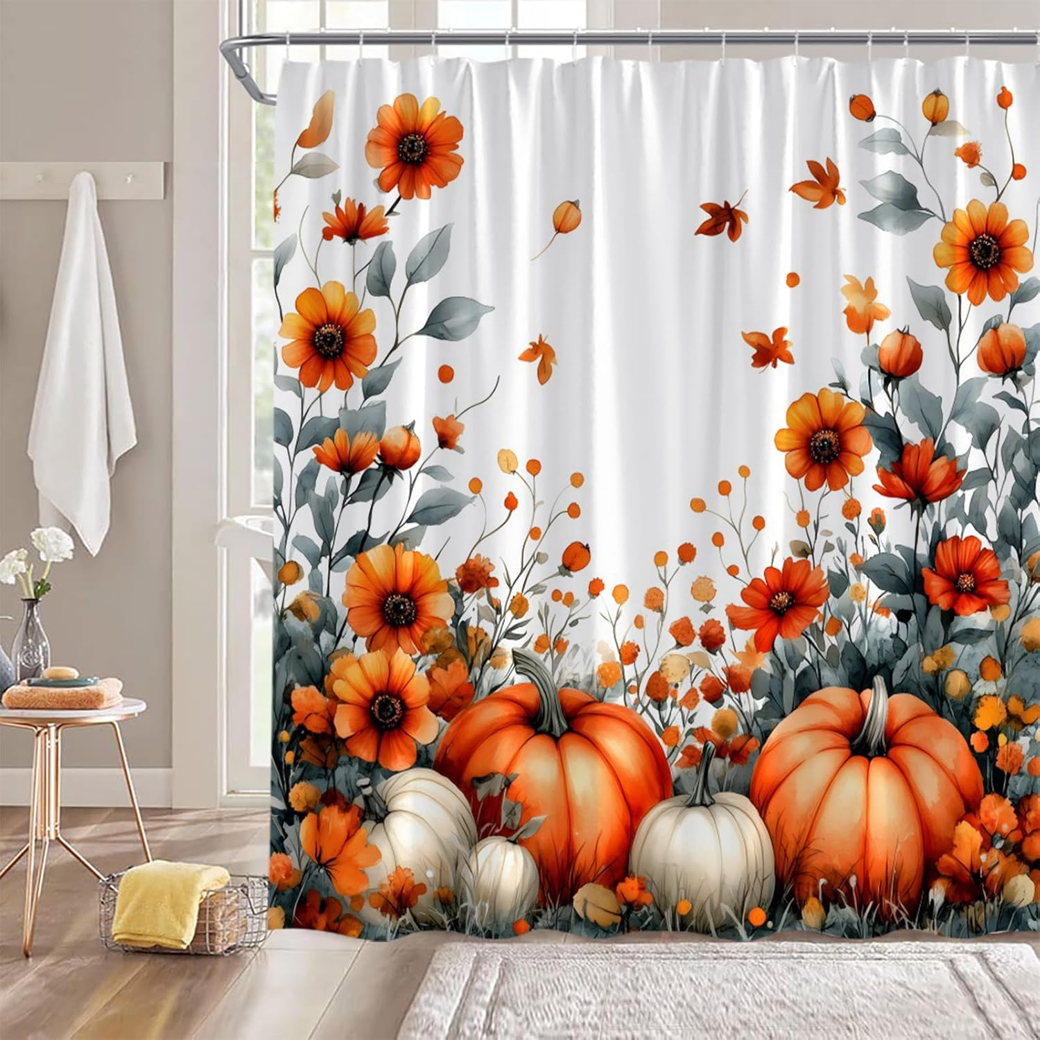 

Thanksgiving Pumpkin Shower Curtain Orange Flower Butterfly Fall Pumpkin Watercolor Leaves Rustic Nature Autumn Fabric Bathroom W60H190(CM)-1 Pcs