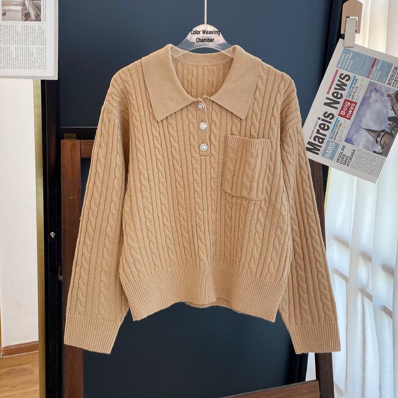 SD Camel Cable Knit Polo Neck Sweater: Women's Retro Cashmere Blend Loose Pullover