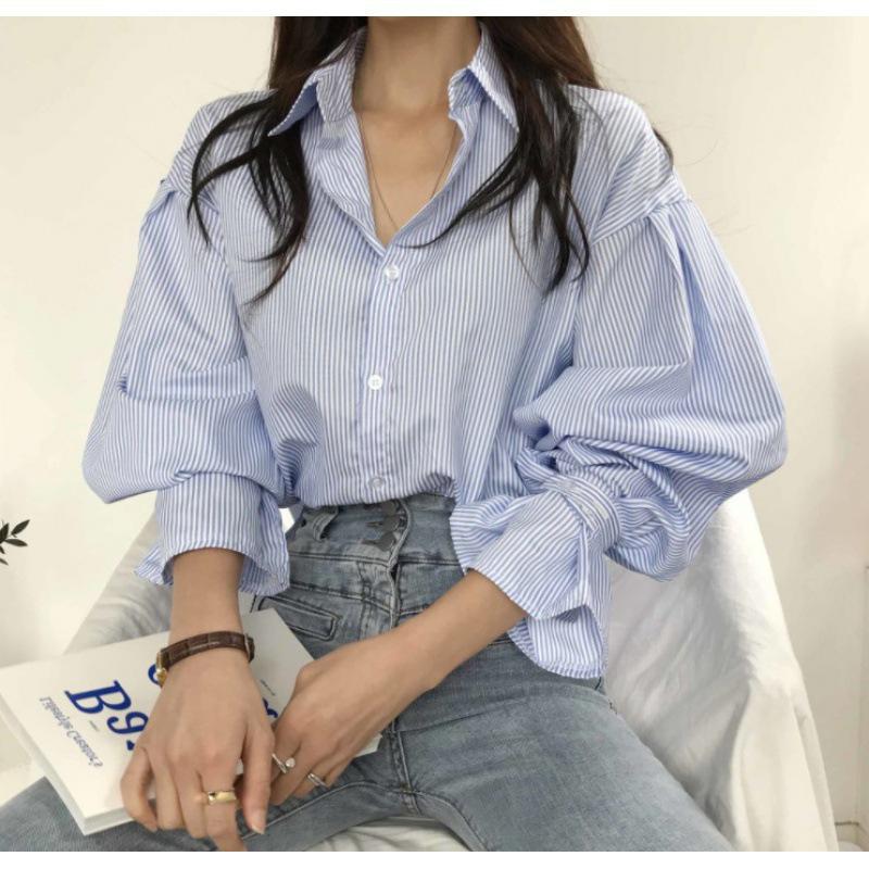 

Korean Women s Retro Striped Lantern Sleeve Chic Top XL