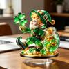 Yousheng 2Pcs Gnome Clover Ornaments, 2D Acrylic St. Patrick Day Ornament with Base, Shamrock Irish Table Centerpiece for Festive Holiday Desktop