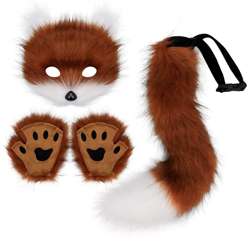 Halloween Set, Simulated Fox Mask Gloves, Plush Fox Tail, Handmade Beast Tail Cos Prop Accessories.