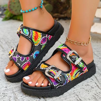 Damsommarskor i bohemisk stil, mode sandaler med dubbla spännen och plattform, dam färgglada broderade strandtofflor med tjock sula