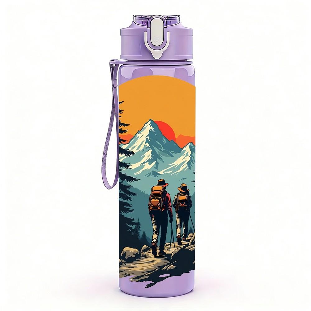 1PC Mountain Forest Sunset Camping Print 750ml Color Plastic Sports Water Bottle Leakproof Flip Straw Lid Suitable for Sports Office Home Use