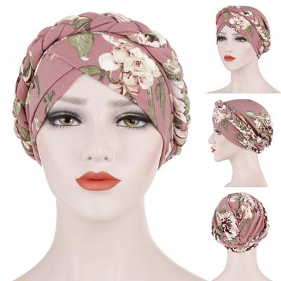 Women Headwrap Flower Print Braid Lady Stretchy No Brim Indian Hat for Four Seasons