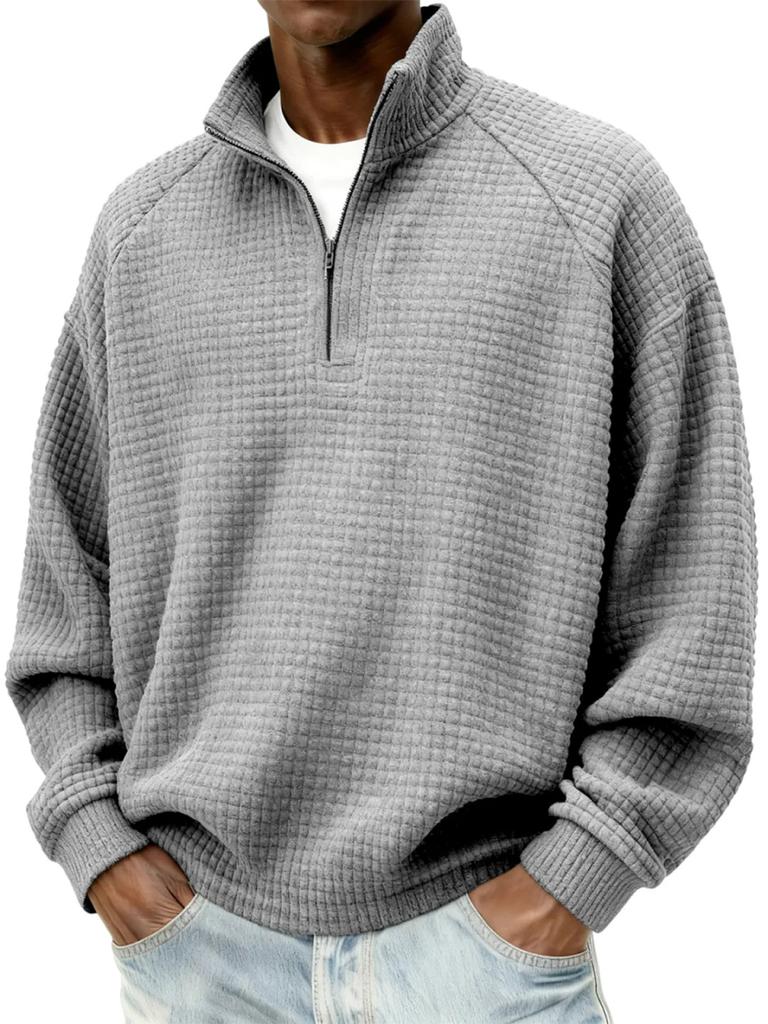 Men's Vintage Check Textured Zip Sweatshirt Stand Collar Long Sleeve Casual Pullover