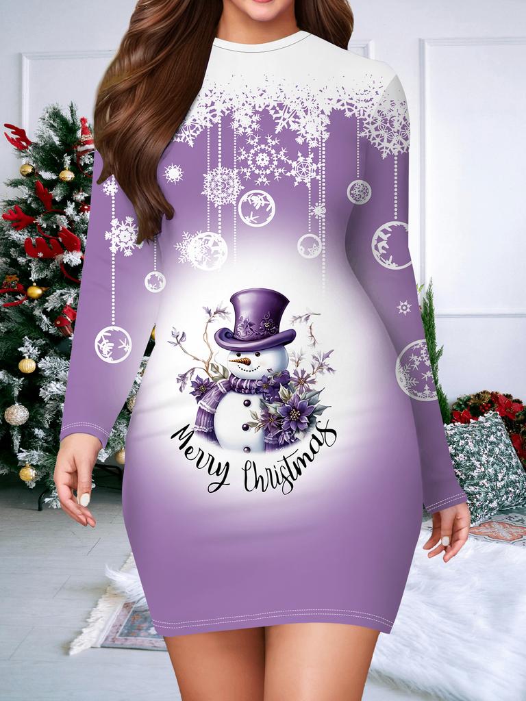 2025 Podzim a Zima Nové Dámské Šaty obepínající boky, 3D Vánoční Tisk a Barvení Dámská Móda Dlouhý Rukáv Kulatý Výstřih Sexy Šaty obepínající boky