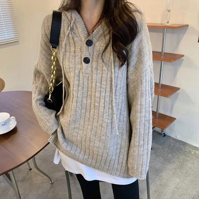 Felpa lavorata a maglia pullover con cappuccio per donna Maglione casual in tinta unita con motivo verticale