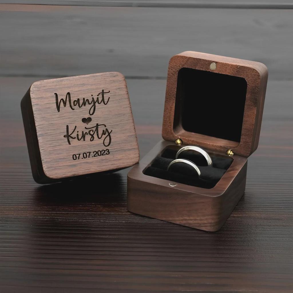 Walnut Solid Wood Double Groove Ring Box with Laser Pattern for Engagement or Proposal Rings