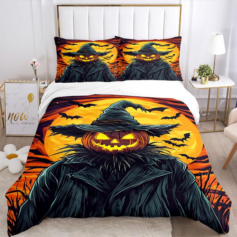 3pcs Pumpkin Witch Bedding Set - 1 Duvet Cover + 2 Pillowcases(Core Not Included), Machine Washable Polyester Yy251216169