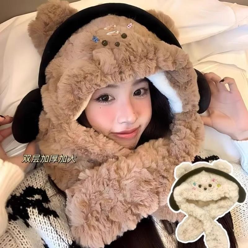 Winter hat plush thickened cute earphones bear hat scarf integrated plush ear protector pullover hat