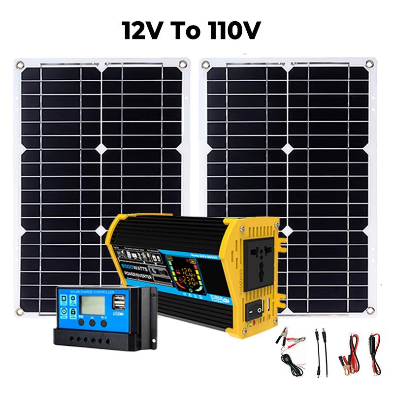 Solární generátor s 2x300W solárním panelem Solární systém Domácí Kompletní sada 6000W Měnič napětí 30A Regulátor Solární nabíjení Kempování