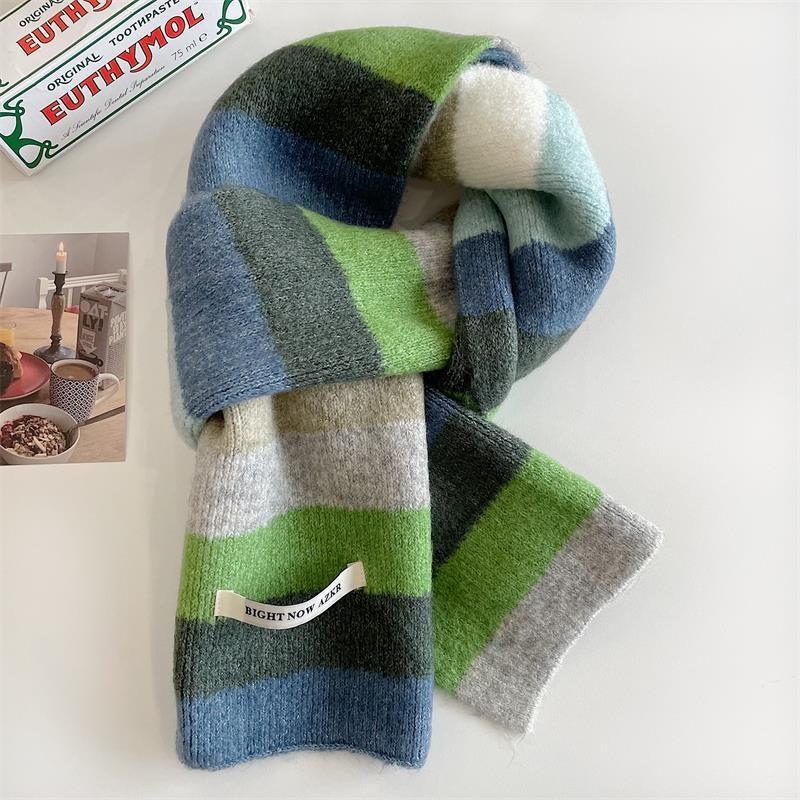 

New Winter Men Women Rainbow Stripes Mohair Scarf Colour Blocking Stripes Wool Short Scarf Warm Women Knitted Scarf