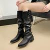 Winter Vintage Pointed Toe Woman Knight High Boots Fashion Belt Buckle Thick Heel Shoes Ladies Street Style Western Long Botas