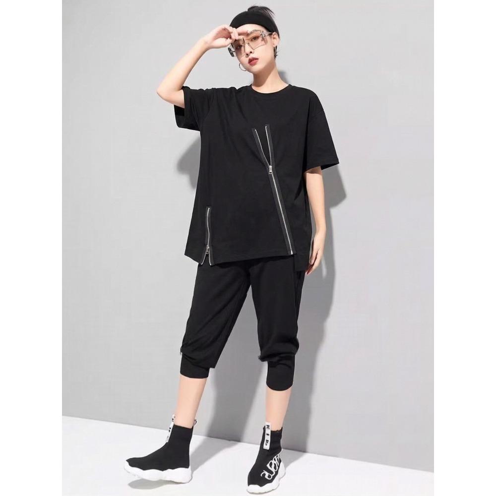 DIMANAF Women 2026 T-Shirt Zipper Female Solid O-Neck Cotton Loose Short Sleeve Tops&Tees