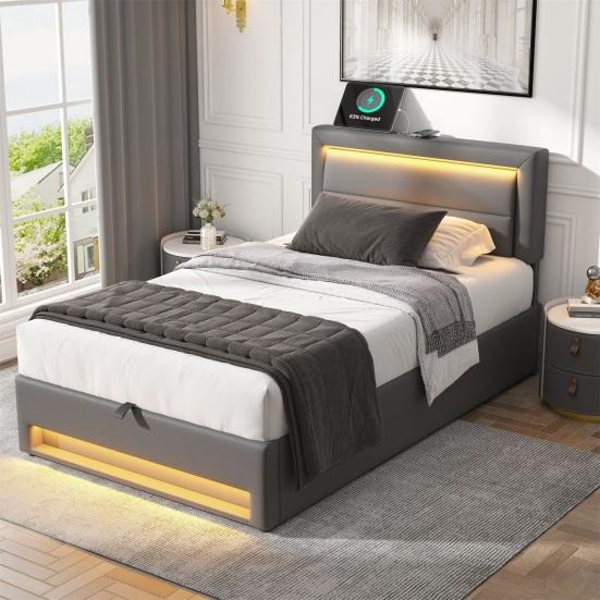 Upholstered Bed Large Storage Space LED Lighting Sturdy Construction Good Load Capacity with USB Ports Modern Upholstered Bed Bedroom