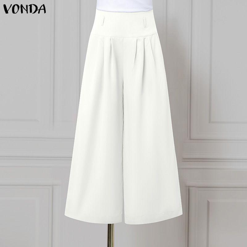 VONDA Women Casual High Zip-up Waist Casual Nonelastic Wide Leg Pants Trousers