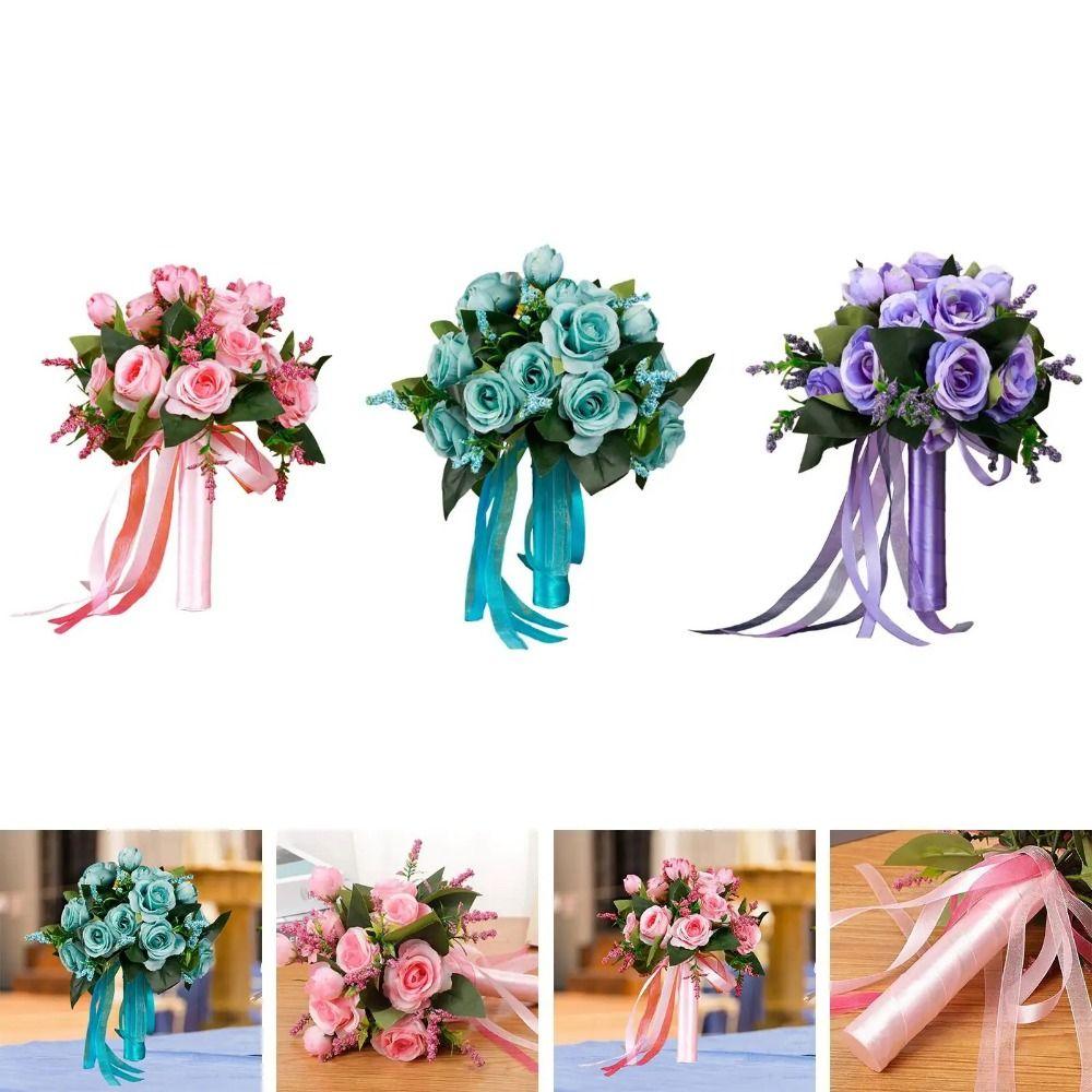 Artificial Rose Bridal Holding Flowers with Silk Ribbon Wedding Rose Bouquet Wedding Accessories